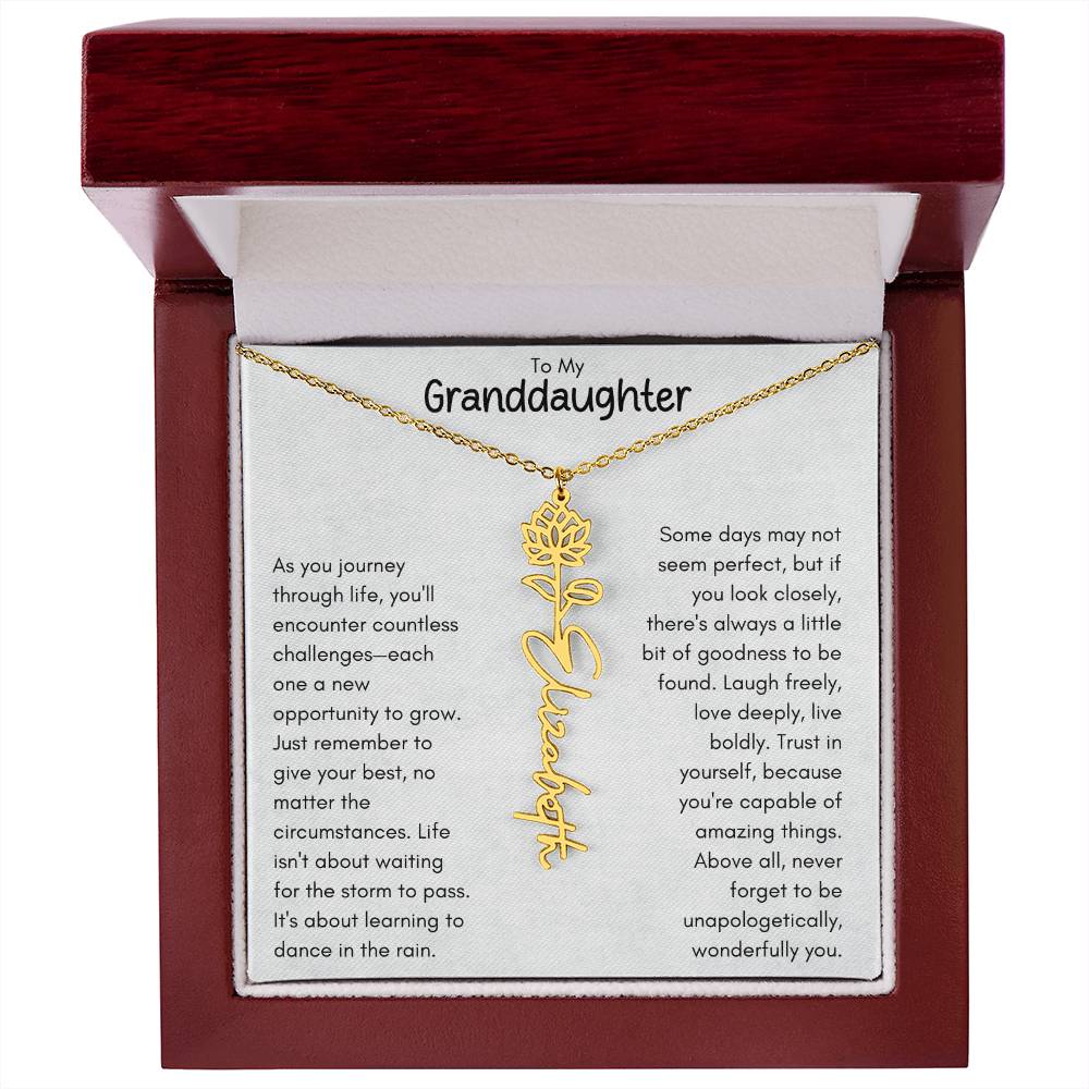 To My Granddaughter - Flower Vertical Name Necklace | Personalize with Birth Flower