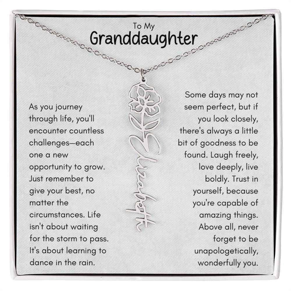 To My Granddaughter - Flower Vertical Name Necklace | Personalize with Birth Flower