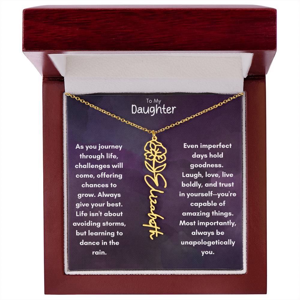 To My Daughter - Flower Vertical Name Necklace | Personalize with Birth Flower