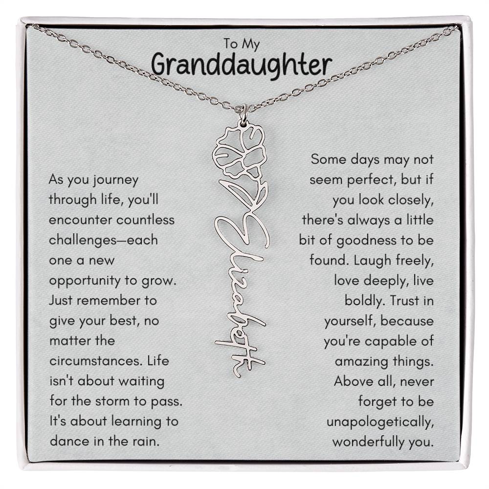 To My Granddaughter - Flower Vertical Name Necklace | Personalize with Birth Flower