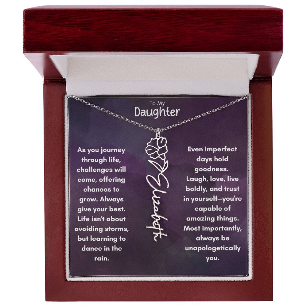 To My Daughter - Flower Vertical Name Necklace | Personalize with Birth Flower