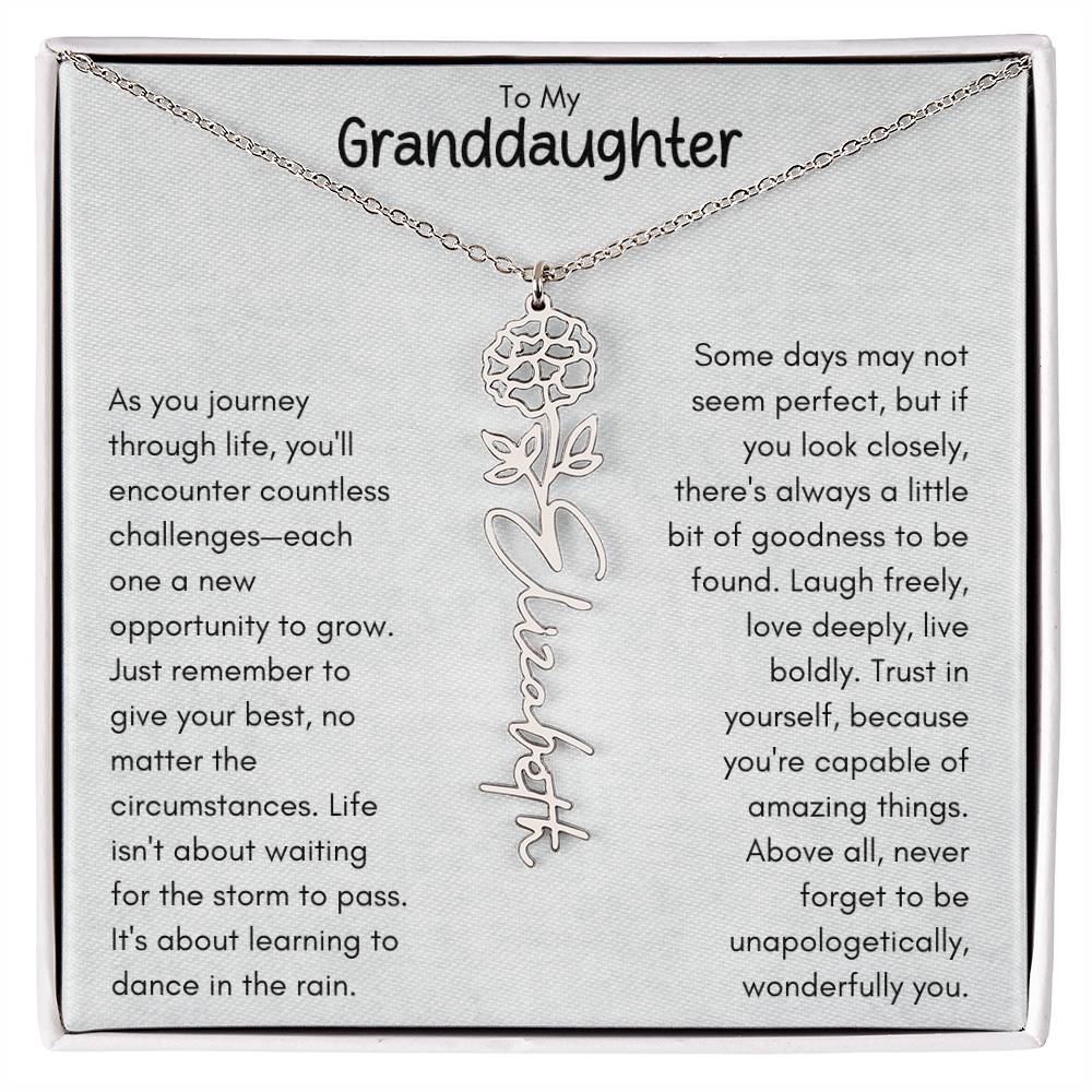 To My Granddaughter - Flower Vertical Name Necklace | Personalize with Birth Flower