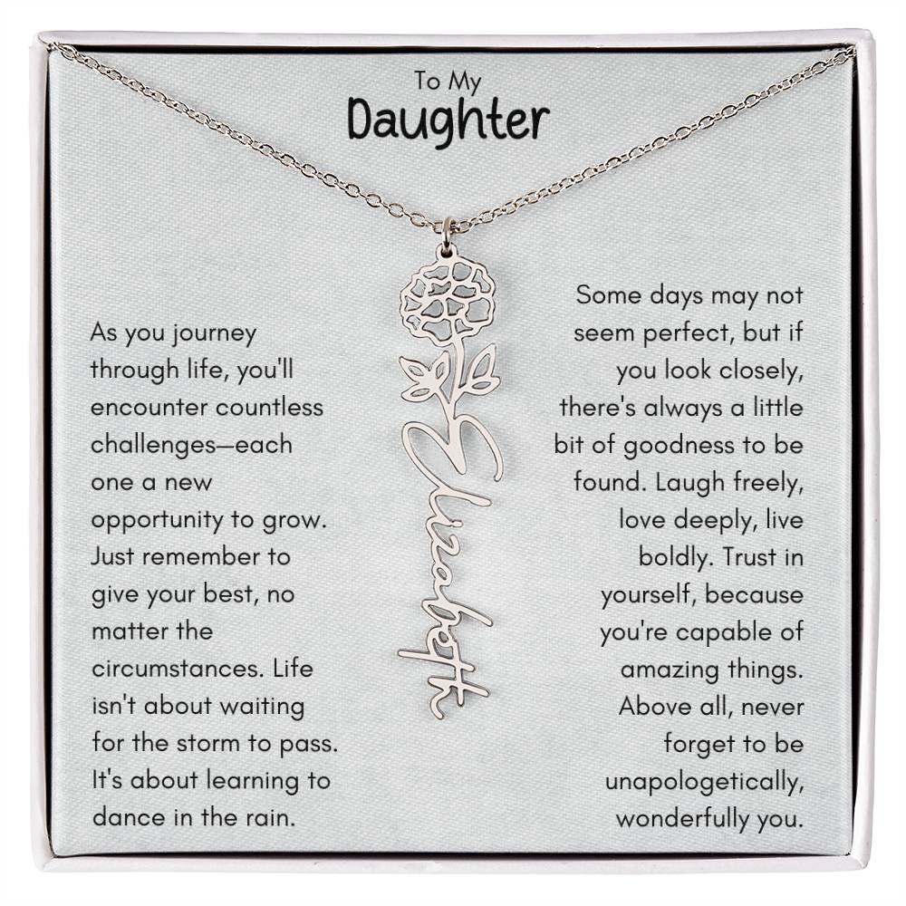 To My Daughter - Flower Vertical Name Necklace | Personalize with Birth Flower