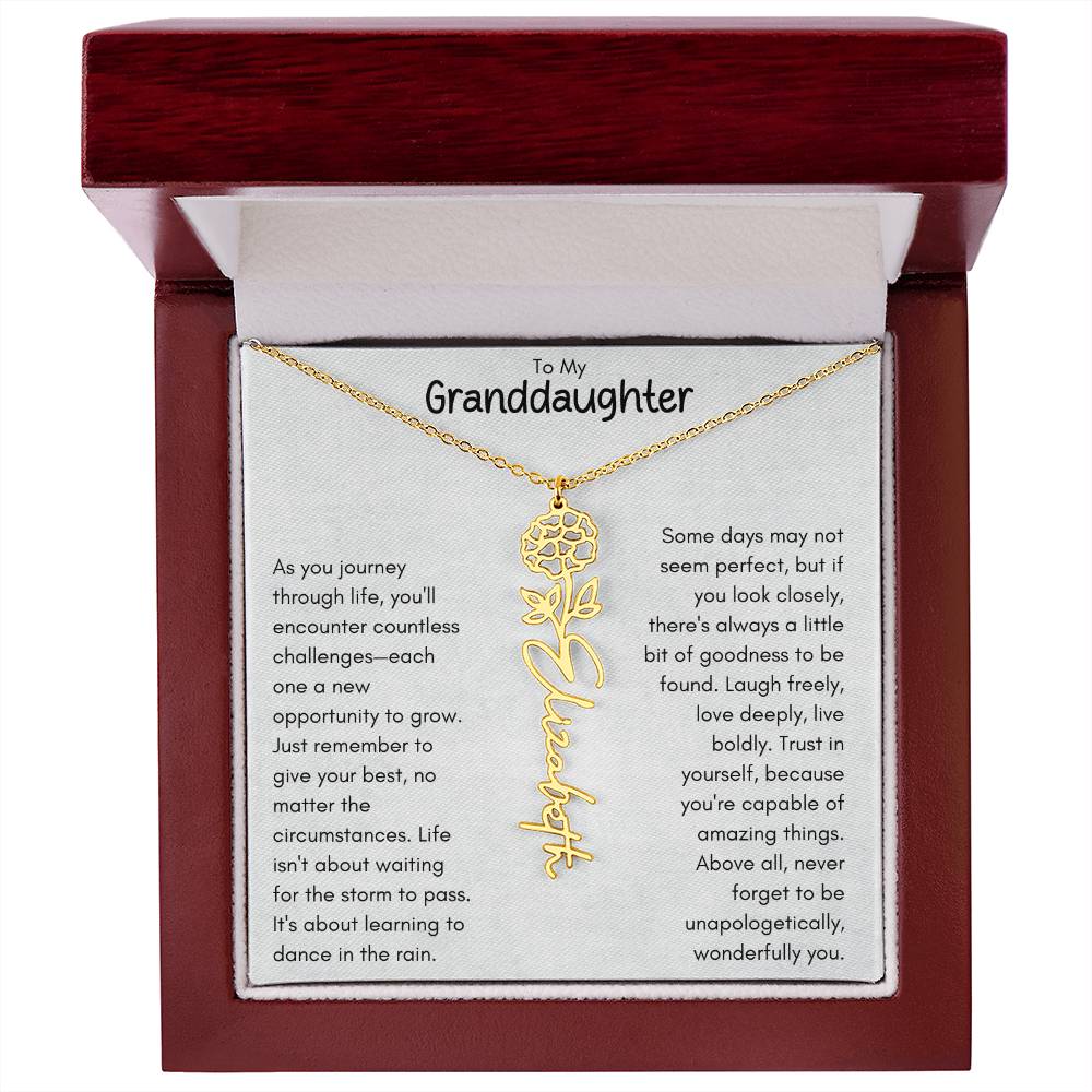 To My Granddaughter - Flower Vertical Name Necklace | Personalize with Birth Flower