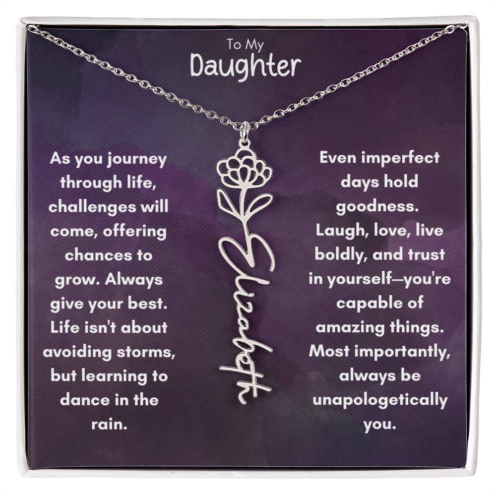 To My Daughter - Flower Vertical Name Necklace | Personalize with Birth Flower