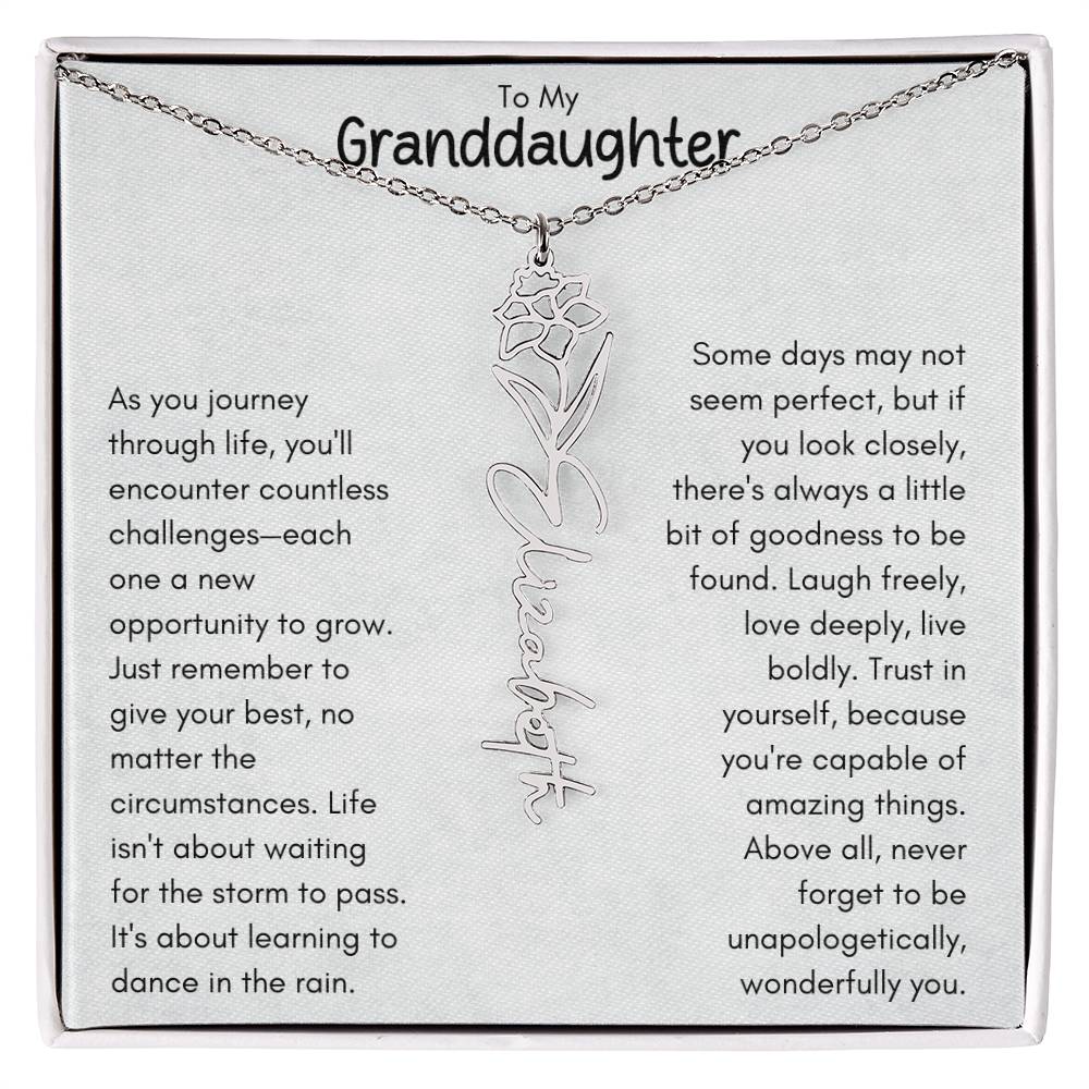 To My Granddaughter - Flower Vertical Name Necklace | Personalize with Birth Flower