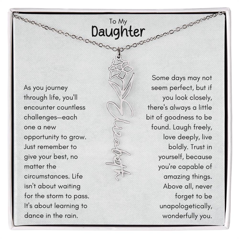 To My Daughter - Flower Vertical Name Necklace | Personalize with Birth Flower