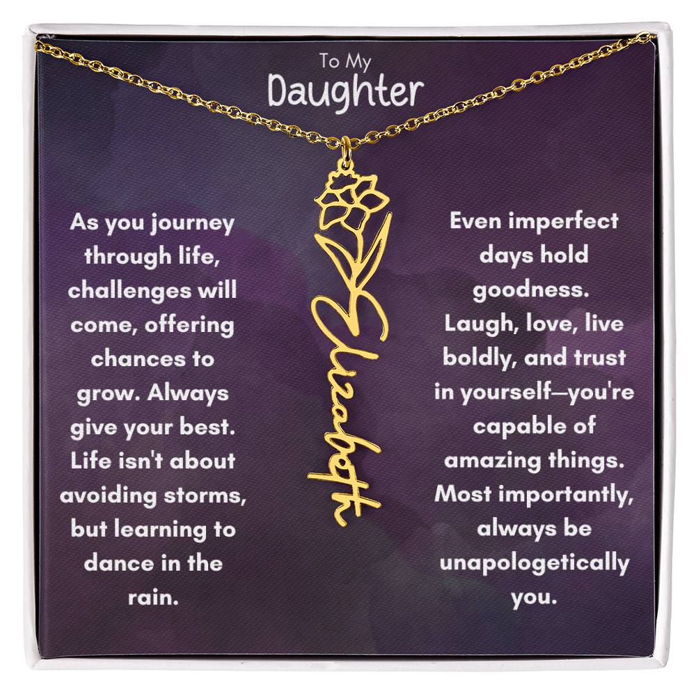 To My Daughter - Flower Vertical Name Necklace | Personalize with Birth Flower