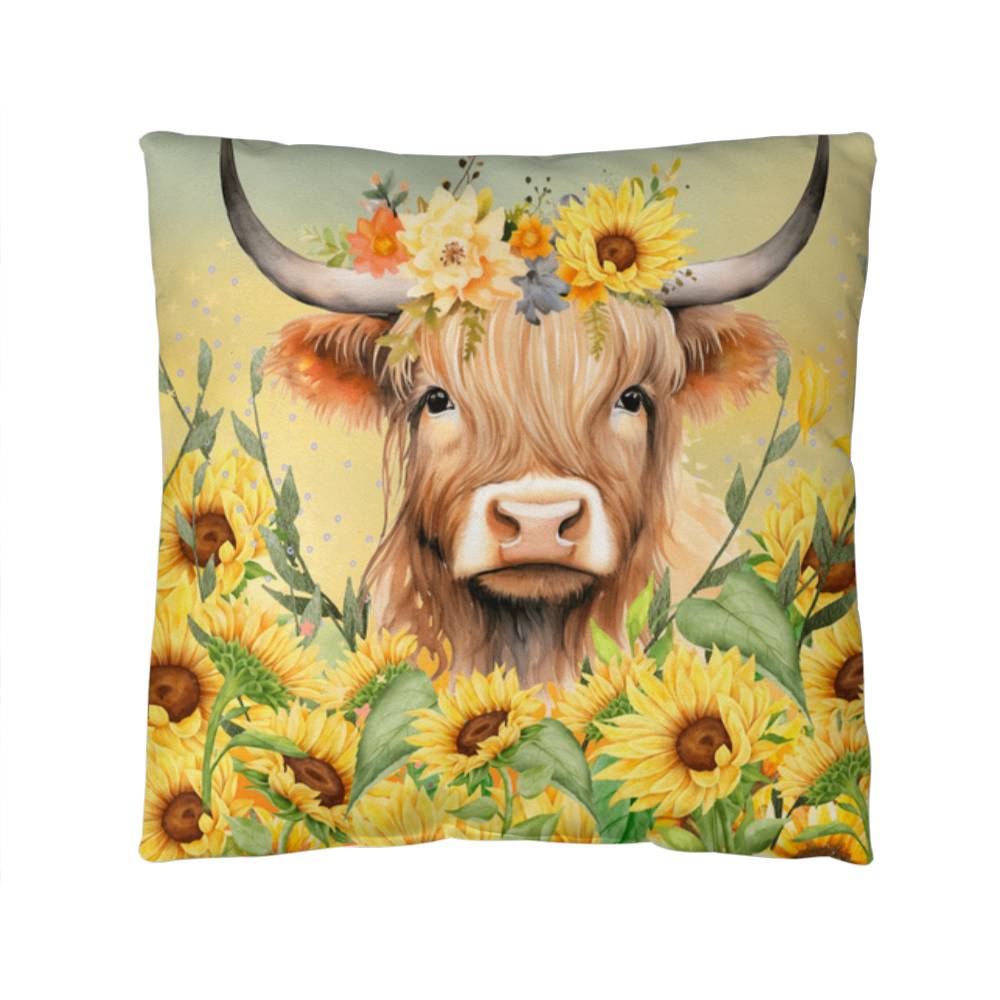 Beautiful Highland Cow in Sunflowers Pillow