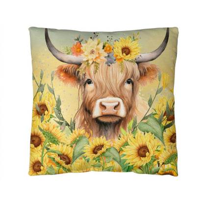 Beautiful Highland Cow in Sunflowers Pillow