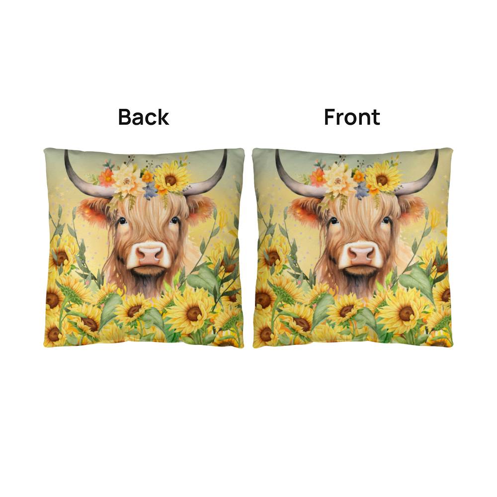 Beautiful Highland Cow in Sunflowers Pillow