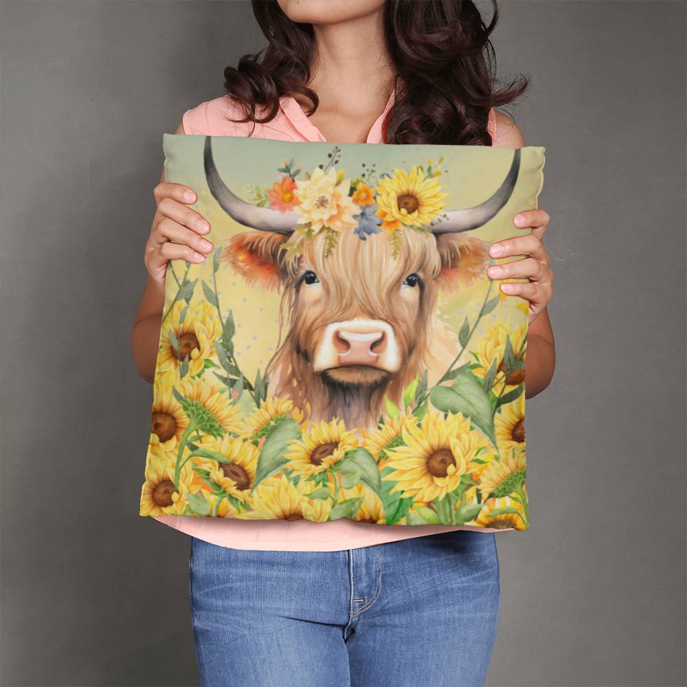 Beautiful Highland Cow in Sunflowers Pillow