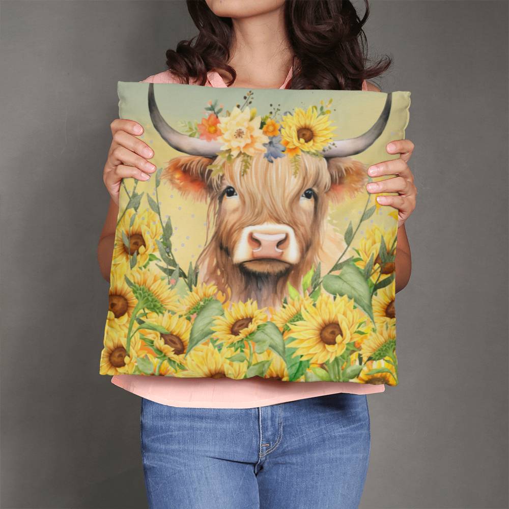 Beautiful Highland Cow in Sunflowers Pillow