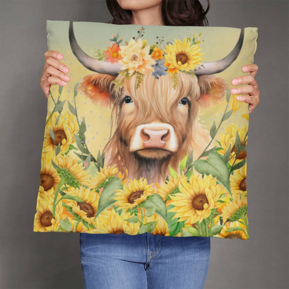 Beautiful Highland Cow in Sunflowers Pillow