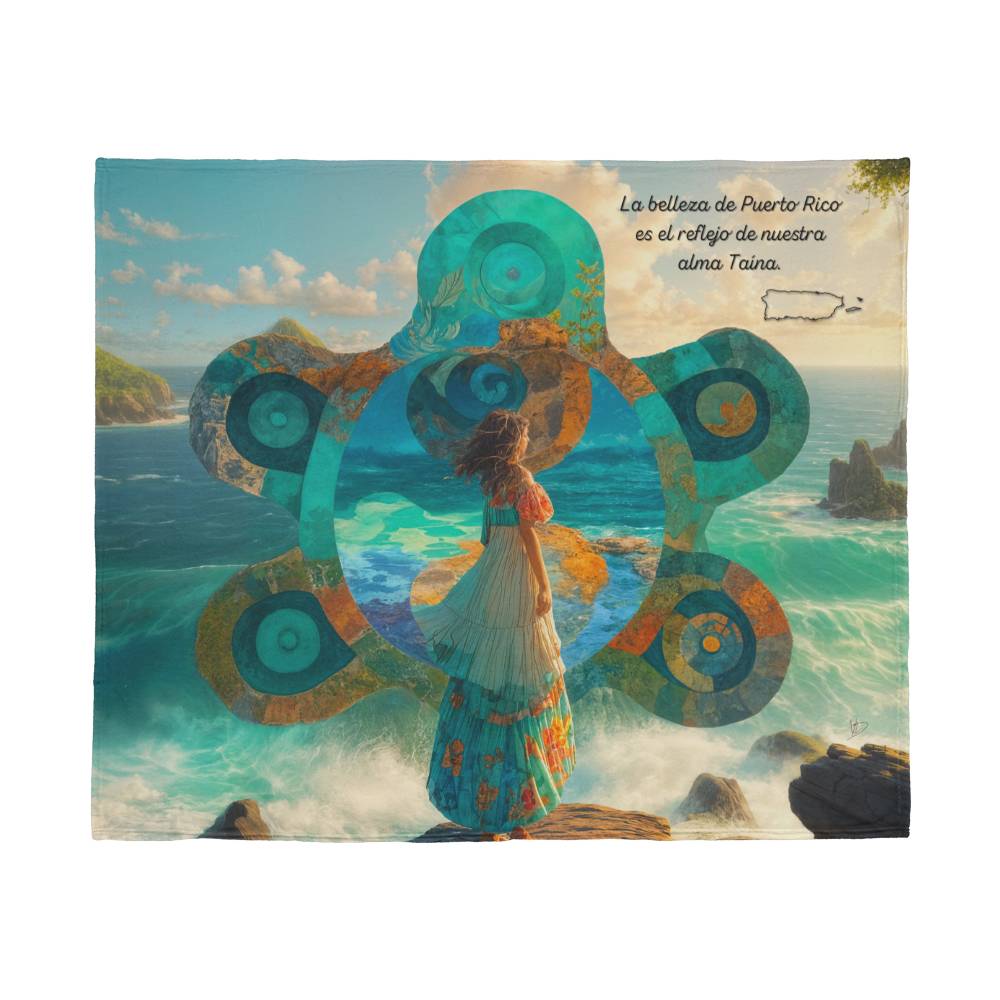 Taino Sol Jersey Fleece Blanket – Puerto Rican Heritage Beach Scene with Inspirational Message