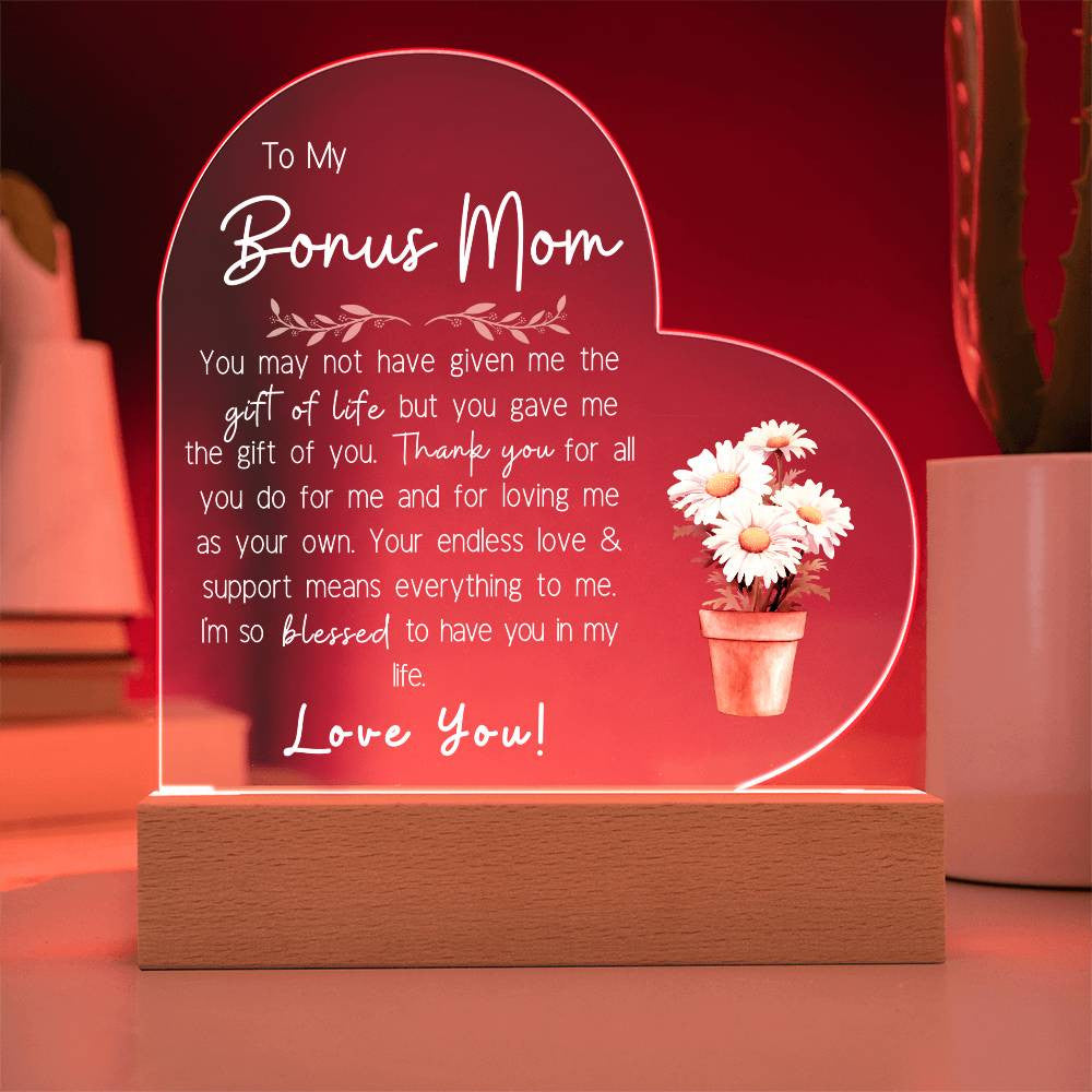 Bonus Mom Personalize Birth Flower Acrylic Heart Plaque