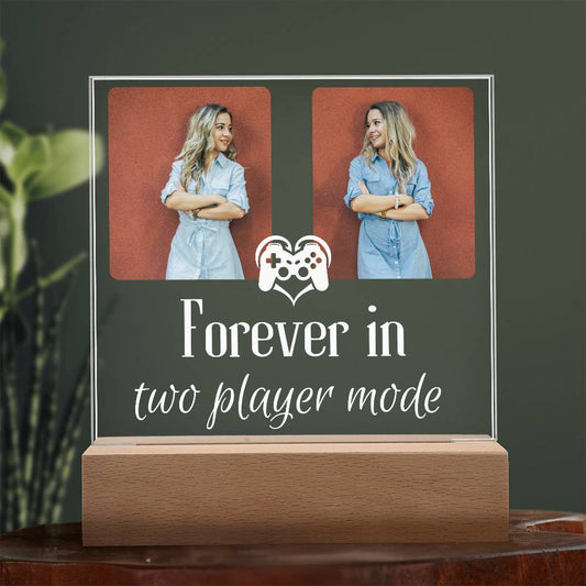 "Forever in 2-Player Mode" Gamer Couple Sibling Twin Pair LED Acrylic Square Plaque