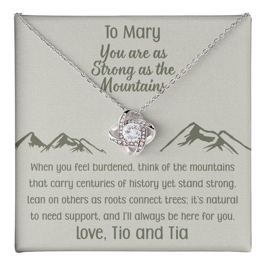 You Are as Strong as the Mountains | Personalized Gift Love Knot Necklace | Poem and Gift Box Included