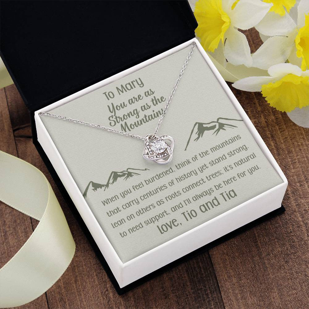 You Are as Strong as the Mountains | Personalized Gift Love Knot Necklace | Poem and Gift Box Included