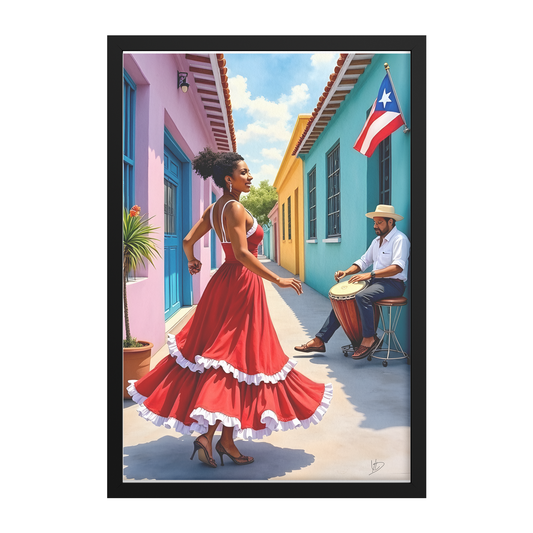 Puerto Rican Bomba Drummer and Dancer Long Red Skirt Old San Juan Rectangle Framed Art Print