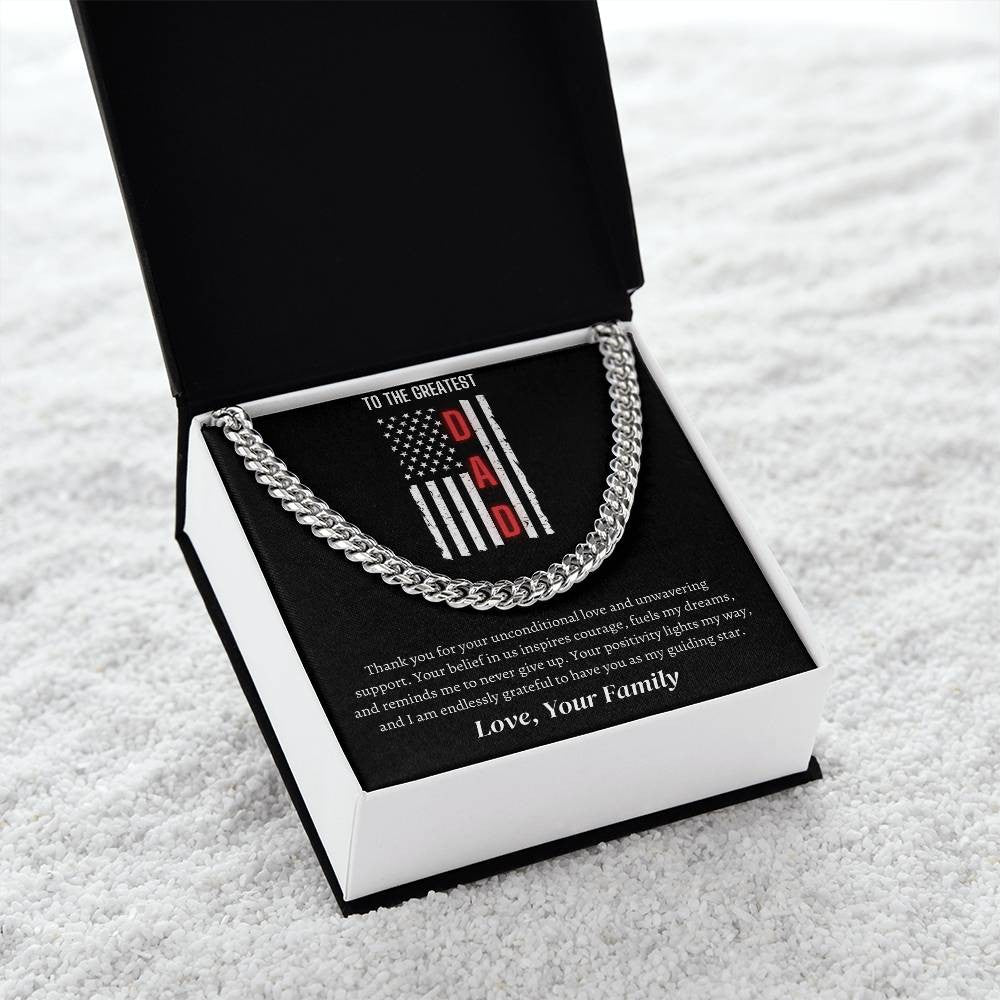 Personalized DAD Cuban Link Chain Message Card Necklace Gift American Flag Red Stripe Support Firefighters.