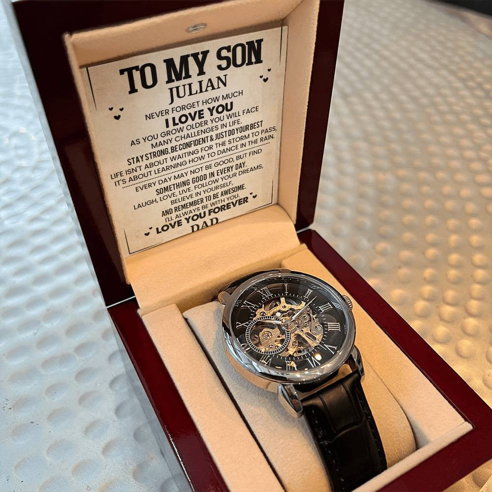 To My Son Personalized Message Card | Men's Openwork Watch