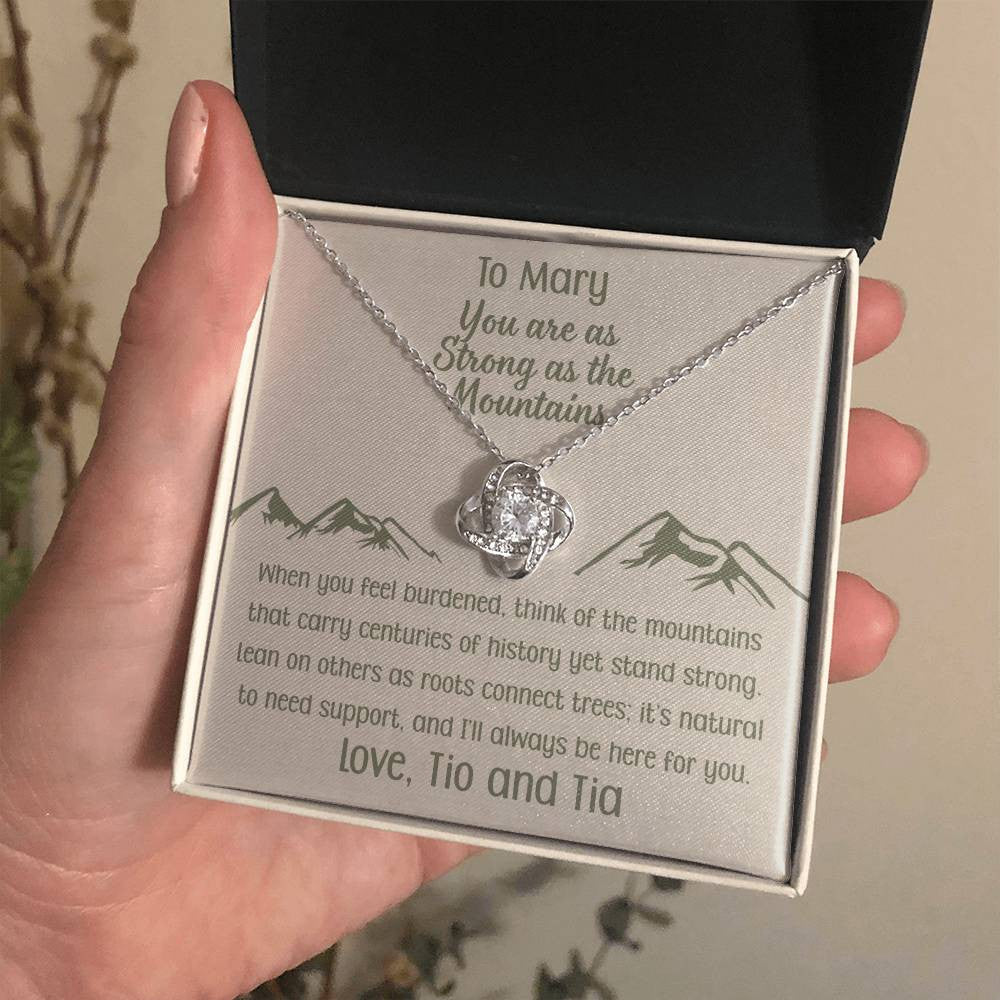 You Are as Strong as the Mountains | Personalized Gift Love Knot Necklace | Poem and Gift Box Included