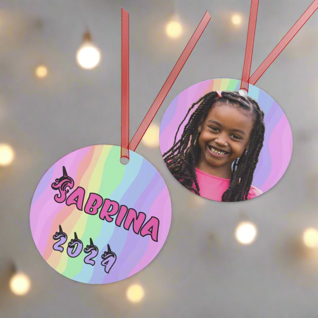 Unicorn Rainbow Ornament | 2-sided Personalized Metal Ornament