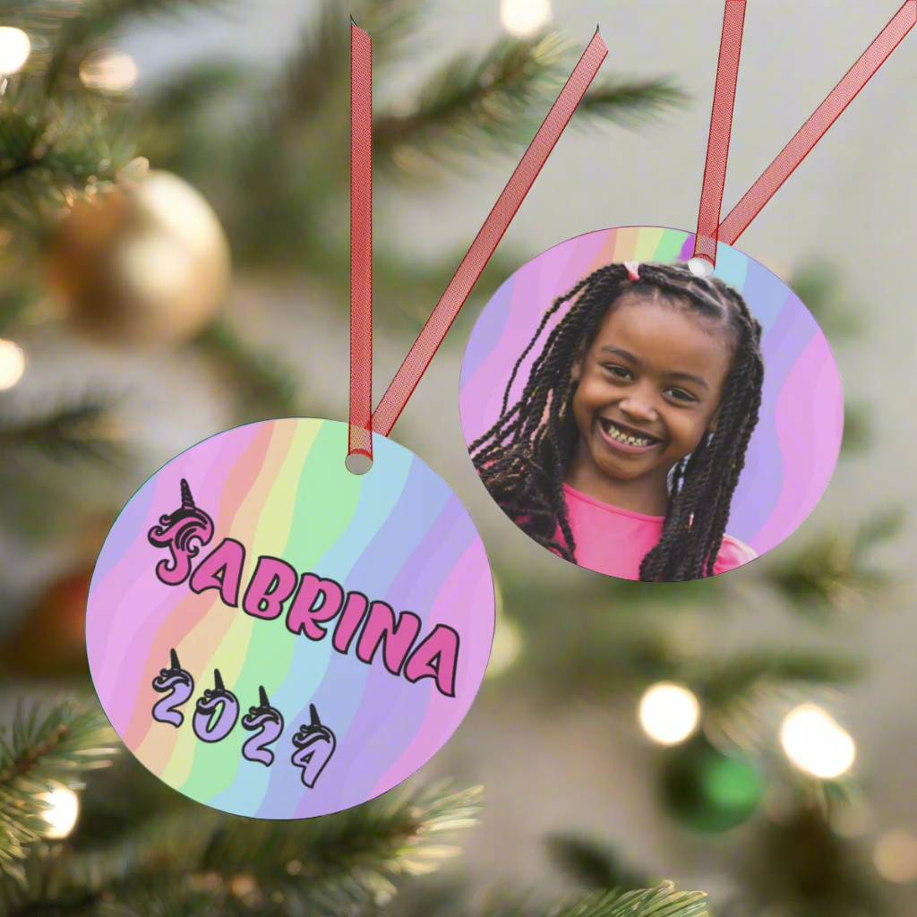 Unicorn Rainbow Ornament | 2-sided Personalized Metal Ornament