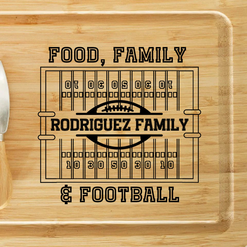 Personalized Food, Family & Football Charcuterie Board | Solid Bamboo Laser Engraved | Gift Football Party