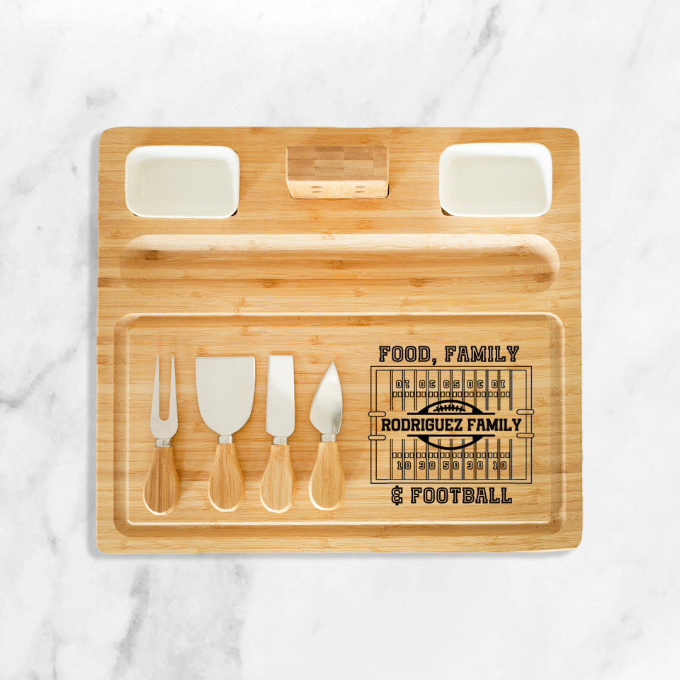 Personalized Food, Family & Football Charcuterie Board | Solid Bamboo Laser Engraved | Gift Football Party